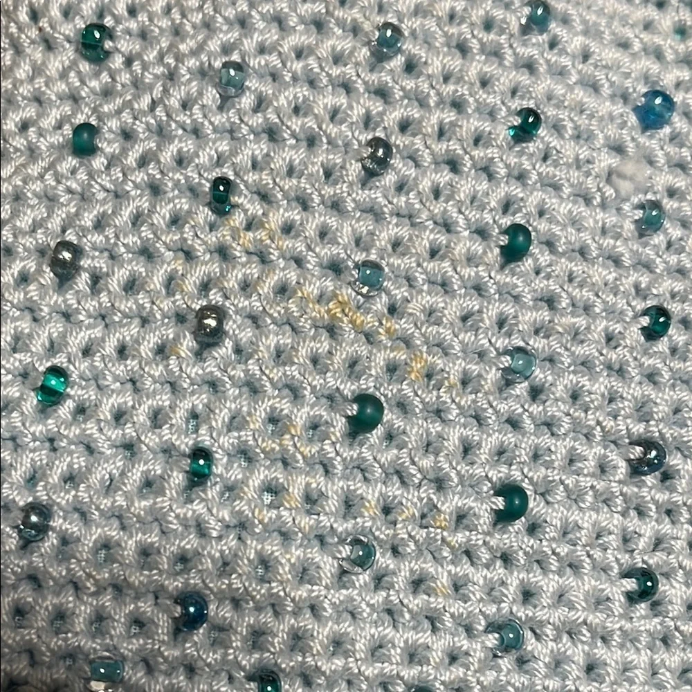 Beaded CROCHET BAGE, in Light Blue, BOHO, HIPPIE, 10x 7 with 21” drop strap.